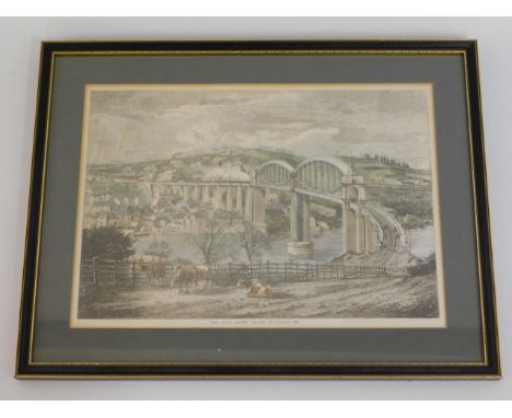 A framed antique print of a view of the Royal Albert Bridge from near Saltash Passage, 17.75in x 13.75in
