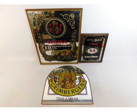 Three pub advertising mirrors, Vodka Ersitoff, Grimbergen &amp; Whyte &amp; Mackay, largest 25in x 19in