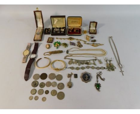 A quantity of mixed costume jewellery including a Rotary watch, silver locket, silver chain &amp; pendant, some silver coins 