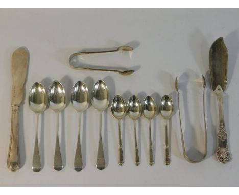  William IV silver kings pattern fish knife by William Eaton, London 1837, a George III silver set of tongs by James Waters, 