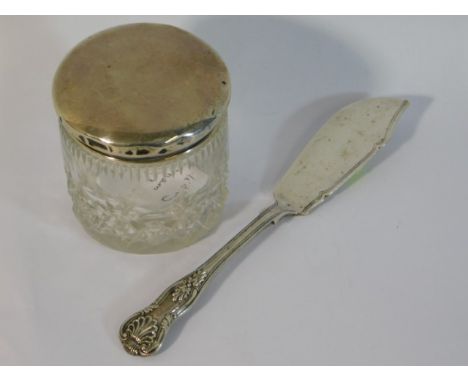 An 1864 London silver fish knife twinned with a 1920's silver topped glass tidy, silver weight 70.4g