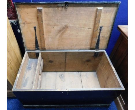 A painted antique pine trunk with candle box, 41.5in wide x 21.75in deep x 18.25in high