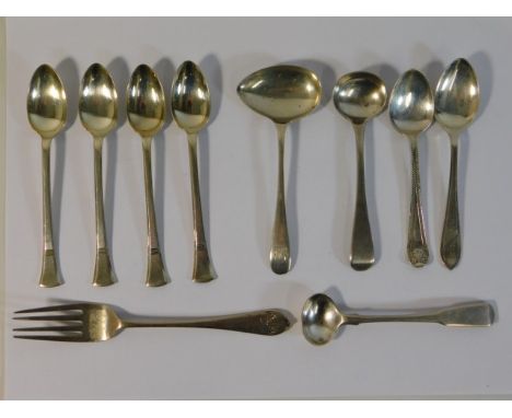 A selection of silver spoons, two master salts &amp; one fork, four matching by A.S.P &amp; Co. Birmingham, 163.3g