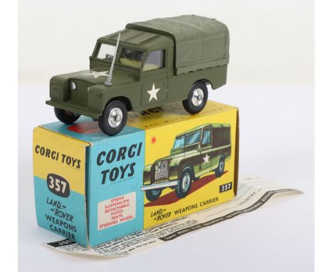 Vintage Corgi Toys 357 Land Rover Weapons Carrier, military green, lemon interior, green plastic hood, aerial, shaped spun wh
