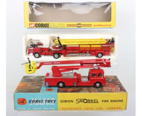 Two Corgi Major Toys Fire Engines, 1127 Simon Snorkel Fire Engine, 1st issue, red body, yellow interior, spun wheel hubs, sev