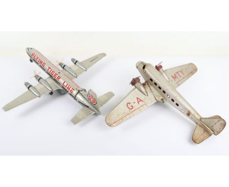 Two Tinplate Aircraft Models, a Mettoy Imperial  Passenger Twin Engine Aeroplane, GA-MTY, lithographed, in silver, red detail