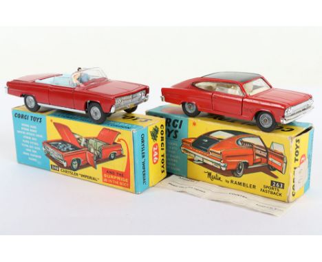Two Boxed Vintage Corgi Toys USA Cars, 246 Chrysler Imperial, red body, dark grey base light blue interior, figures, golf clu