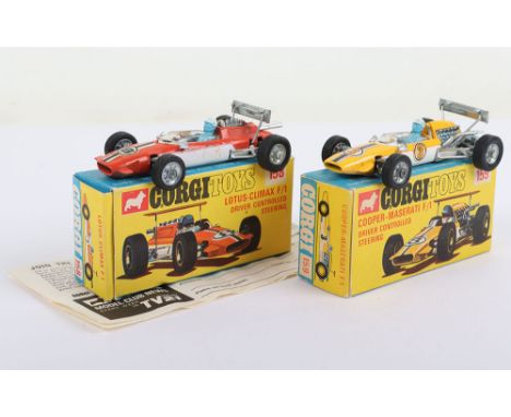 Two Vintage Corgi Toys Racing Cars 158 Lotus Climax Formula 1 Racing Car, orange / white body, blue driver, controlled steeri