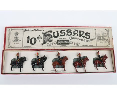 Britains boxed set 315, 10th Royal Hussars, 1930s, empty handed mounted at the halt, four troopers and Officer with gold faci