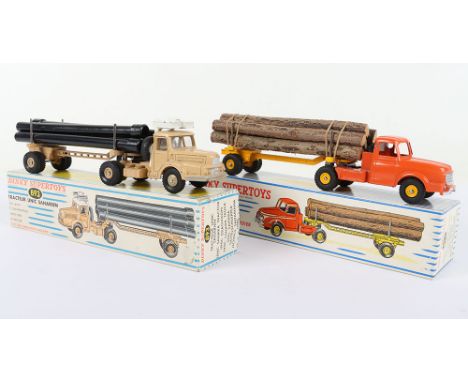 Two French Dinky Toys Commercial Vehicles, 893 Unic Sahara Tractor with Pipe carrier semi trailer, beige cab/chassis, white r
