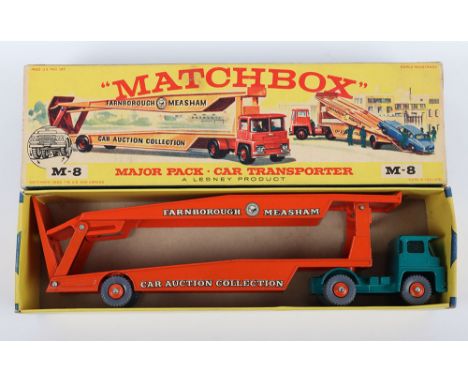 Matchbox Lesney Major Pack Models M-8 Guy Warrior Car Transporter’ “Farnborough-Measham” turquoise tractor unit, orange artic