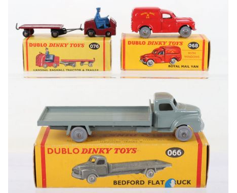 Three Dinky Toys Dublo Boxed Models, 066 Bedford Flat Truck, grey body/smooth wheels, 068 Royal Mail Van, red body, nobly gre
