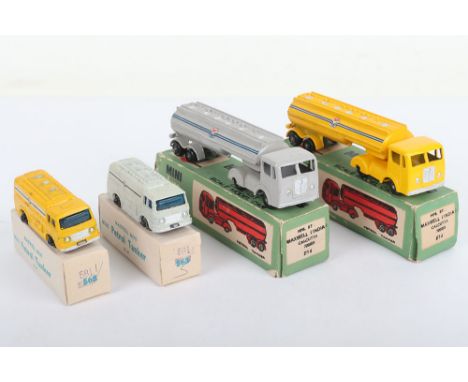 Four Maxwell Toys India HP Petrol Tankers, 814 HP Petrol Tanker, yellow body, black plastic wheels, HP decals, 814 HP Petrol 
