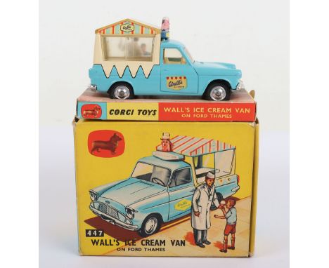 Corgi Toys Vintage 447 Ford Thames Walls Ice Cream Van, light blue/cream body, ‘Walls Ice Cream’ decals to doors, shaped spun