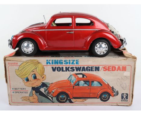 Bandai 4084 tinplate battery operated Kingsize Volkswagen Beetle Sedan, metallic red with bump and go action, headlight and r
