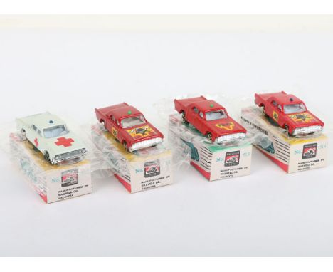 Four Maxwell Toys  India Lincoln Continental,  copies of Matchbox 31a,513 Police Car, red body, police decal to bonnet, 514 F
