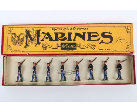 Britains boxed set 228, USA Marines, 1930, seven marching men and Sergeant, in Whisstock box with backing card, (excellent co