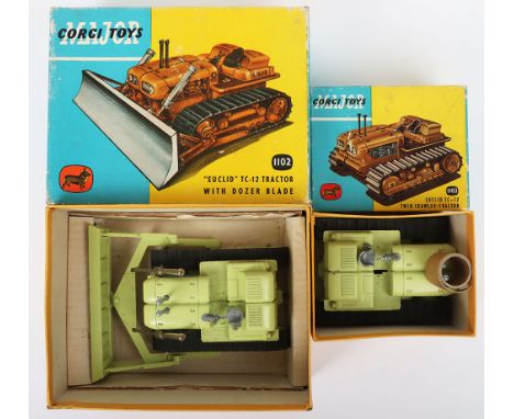Two Corgi Major Toys Euclid TC-12 Twin Crawler Tractors, 1102 Euclid TC-12 Tractor with dozer blade, lime green body, black r