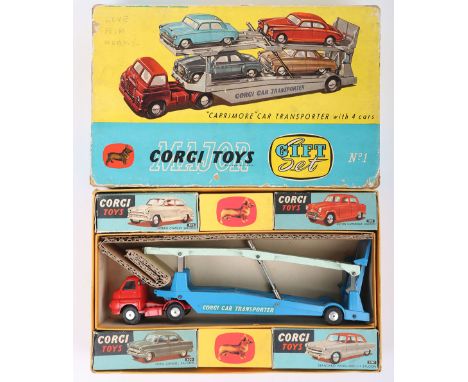 Corgi Major Toys Gift Set No1 “Carrimore Car” Transporter with Four Cars, 1101 Bedford S Carrimore Car Transporter, red cab, 