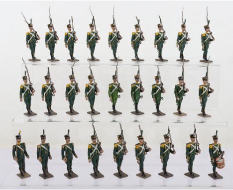 CBG Mignot Napoleonic light Infantry, green uniforms, yellow trim, twenty-three Infantrymen marching at the slope, with three