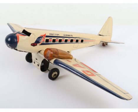 A Mettoy Airways Tinplate Twin Engine Aeroplane,circa 1950's, GA-AGX, lithographed, in cream/blue, red detailing, with workin