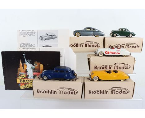 Five Brooklin Scale cast  metal Automobiles 1/43 scale,No.4 Chevrolet Coupe, green body,1937, No.7 Chrysler Air Flow, blue bo