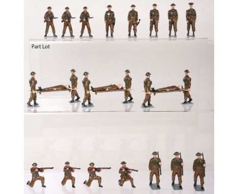 Professionally repainted WWII Infantry Britains toy soldiers, gloss finish including thirty-seven marching with slung rifles 
