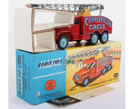 Vintage Corgi Major Toys 1121 Chipperfield’s Circus Crane Truck, red body, blue logo and wheel hubs, chrome tinplate jib, in 