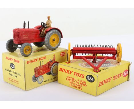 Dinky Toys 300 Massey Harris Tractor, red body, yellow metal front/rear wheel hubs, tan metal driver, Massey Harris, in very 