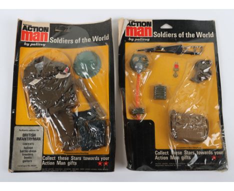Two Vintage Action Man Palitoy Soldiers of the World British Infantryman Accessory Cards, circa 1970,  Infantryman uniform, s