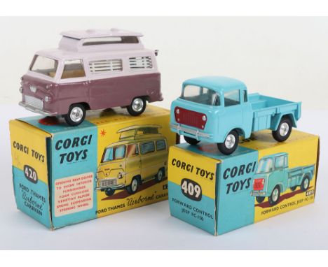 Two Boxed Corgi Toys Vintage Models, 409 Forward Control Jeep FC-150. Light blue body, red grille, shaped spun wheels and 420