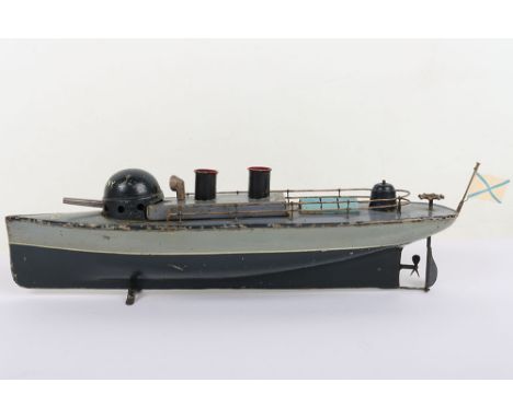 Bing tinplate clockwork twin funnel Gunboat Vlastny, circa 1905, black and grey painted hull, darker grey decks with handrail