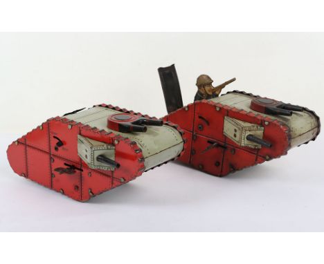 Clockwork tinplate WWI Battle Tank, German circa 1920, red and light grey with guns, opening hatch with pop-up gun toting sol