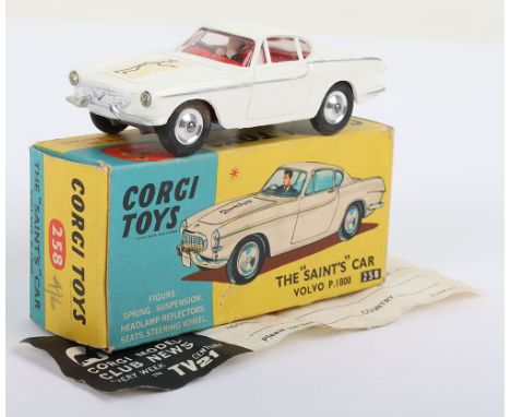 Corgi Toys Vintage 258 The “Saints” Car Volvo P.1800,  white body, red interior, the Saint figure, shaped spun wheel hubs, bl