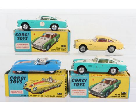 Four vintage Corgi Toys, boxed 151A Lotus Mark Eleven Le Mans Racing Car, flat spun wheels, blue body, red seats, clear winds