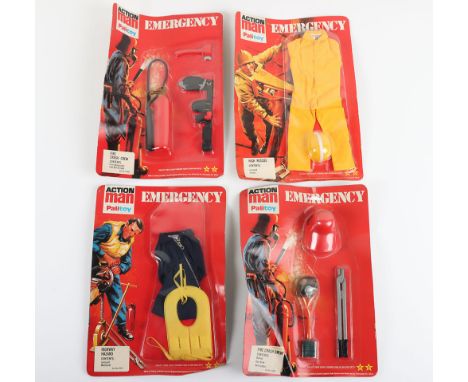 Four Vintage Action Man Palitoy Emergency Carded Sets, Highway Hazard cat No. 34511 contents: jumpsuit, waistcoat, High Rescu