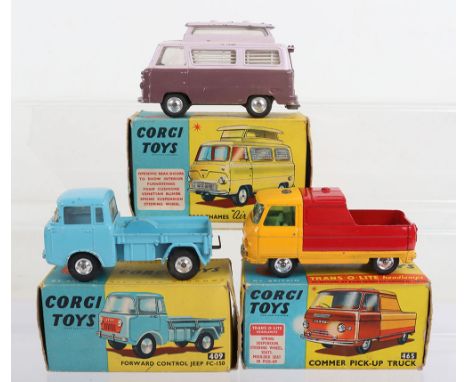 Three Boxed Vintage Corgi Toys, 409 Forward Control Jeep,pale blue, shaped spun wheels, 420 Ford Thames Airbourne Caravan, tw