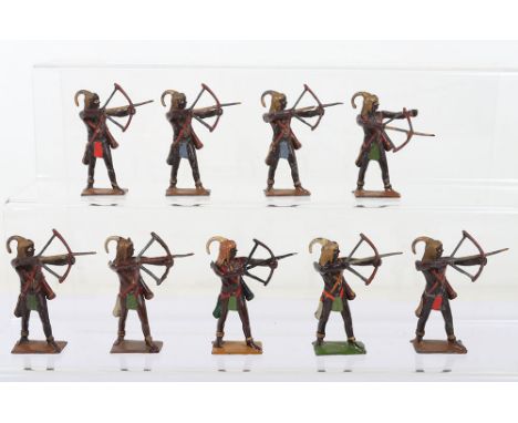 Britains from set 202 , Togoland Warriors, 1930, nine warriors with bow and arrows, one on green base, (good to fair conditio