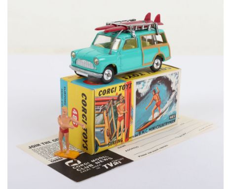 Vintage Corgi Toys 485 Surfing with The B.M.C. Mini Countryman, turquoise body, yellow interior, silver grille, spun shaped w