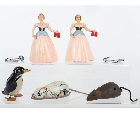 Wells Brimtoy plastic windup Bo-Peep toys, 1950s, together with two wind-up mice and a penguin, all good to fair working cond