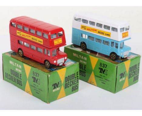 Two Miltan/ Maxwell 837 Routemaster Double Decker Buses, red body & white/light blue body, cream base with  Insist on Milton 