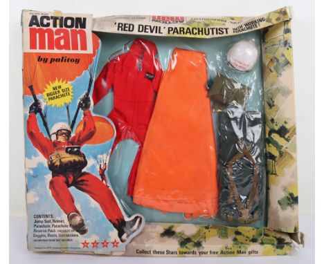 Vintage Action Man Palitoy Red Devil Parachutist, circa 1970, Catalogue No. 34121, contents: jump suit, helmet, parachute, pa