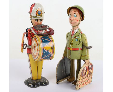Unique Art MFG. Co. USA Tinplate GI Joe and K-9 Pups, lithograph tinplate  clockwork figure, circa 1950’s, worging clockwork 