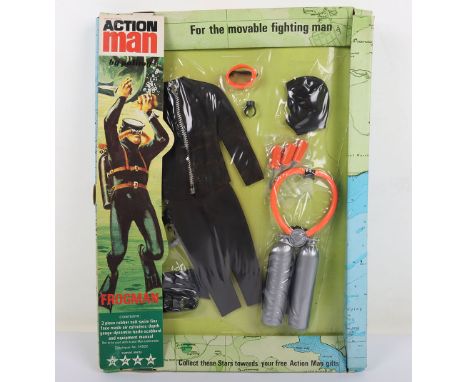 Vintage Action Man Palitoy Frogman Catalogue No. 34502, contents: 3 piece black rubber suit, swim fins, face mask, air cylind