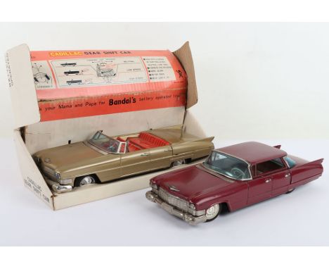 Bandai Japanese Battery Operated Tinplate Cadillac convertible Gear Shift Car,4102 gold body, lithographed tinplate interior,
