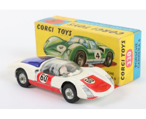 Corgi Toys 330 Porsche Carrera 6, white body, red doors/bonnet, racing no 60, blue engine cover, cast wheels, black interior,