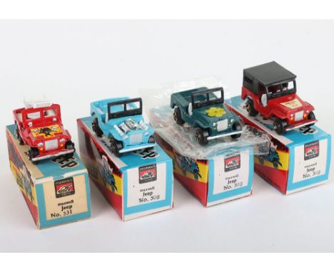 Four Maxwell Toys India Jeeps,  copies of Matchbox Jeep,508 Jeep with engine, sky blue, 508 Jeep sea blue, with flower decal,