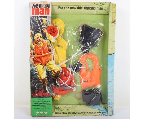 Vintage Action Man Palitoy R.N.L.I. Sea Rescue Catalogue No. 35013, contents: Oilskin jacket, oilskin trousers, life jacket, 