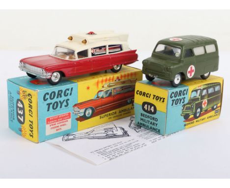 Two Boxed Vintage Corgi Toys Ambulances, 414 Bedford Military Ambulance, military green, flat spun wheels, red cross labels, 