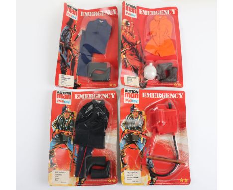 Four Vintage Action Man Palitoy Emergency Carded Sets, Fire fighter, cat no.34514 contents: Fire fighter back pack, large axe
